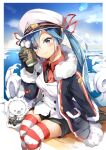  1girl 1other animal badge binoculars black_coat black_gloves black_necktie black_shorts blue_eyes blue_hair blush border cloud coat coffee_cup colored_tips commentary crab_print cup day disposable_cup fur-trimmed_coat fur-trimmed_hood fur_trim fuwashima gloves hair_ribbon hat hatsune_miku head_tilt heart heart_in_eye highres holding holding_cup hood hood_up ice_floe jacket lens_flare long_hair looking_at_viewer military military_uniform multicolored_hair naval_uniform necktie ocean outdoors peaked_cap pocket rabbit rabbit_yukine red_ribbon red_shirt red_thighhighs ribbon shirt short_shorts shorts sitting smile snowflake_print striped striped_thighhighs symbol_in_eye thighhighs uniform very_long_hair vocaloid wavy_hair white_border white_hair white_headwear white_jacket yuki_miku yuki_miku_(2022) 