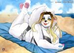  absurd_res anthro beach bikini blonde_hair breasts canid canine cleavage clothed clothing female fur hair hi_res lying mammal murazaki on_front on_towel seaside solo swimwear towel white_body white_fur 