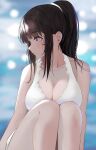  1girl absurdres bangs bare_shoulders bikini black_hair blunt_bangs blush breasts chitanda_eru cleavage closed_mouth collarbone feet_out_of_frame highres hyouka knees_up large_breasts long_hair looking_away looking_to_the_side ponytail purple_eyes sidelocks sitting solo swimsuit white_bikini yamamimio 