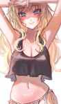  1girl armpits arms_up bangs black_shirt blonde_hair blue_eyes blurry breasts cleavage closed_mouth collarbone crop_top crop_top_overhang depth_of_field fujima_(k114) highres large_breasts long_hair looking_at_viewer navel ohtsuki_yui original panties shirt side-tie_panties simple_background sleeveless smile solo straight-on swept_bangs tank_top underwear upper_body white_background 