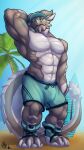  abs anthro barazoku beach biceps big_bulge big_muscles blue_eyes bulge clothing digital_media_(artwork) digitigrade dragon flaccid footwear front_view genitals grey_body grin happy hat headgear headwear hi_res kardukk kobold krideg male male/male multicolored_body muscular muscular_anthro muscular_male paws pecs penis pose reptile scalie seaside shaded shoes simple_background smile solo spikes standing swimming_trunks swimwear teasing two_tone_body two_tone_tail underwear white_body 