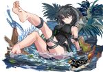  1girl arknights arm_strap arm_support bangs bare_shoulders barefoot between_breasts black_eyes black_hair black_shorts blush breasts creature feather_hair feet fish full_body hair_ornament hairclip la_pluma_(arknights) large_breasts leaning_back legs_up looking_away looking_to_the_side originium_slug_(arknights) shallow_water short_hair short_shorts shorts simple_background sitting solo toes transparent_background underbust uruzu water zipper_pull_tab 