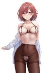  absurdres blush bow bow_bra bra brown_hair covered_nipples hair_ornament hairclip hibika highres higuchi_madoka idolmaster idolmaster_shiny_colors lingerie midriff multi-strapped_panties navel panties panties_under_pantyhose pantyhose shirt underwear undressing white_shirt 