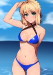  1girl ahoge alternate_costume annoyed arm_behind_back arm_up artoria_pendragon_(fate) bangs beach bikini blonde_hair blue_bikini blush braid breasts closed_mouth fate/stay_night fate_(series) frown green_eyes haruhisky highres looking_at_viewer medium_breasts navel outdoors ribbon saber short_hair sidelocks solo standing swimsuit 