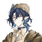  1boy absurdres ahoge arknights beanie bishounen blue_hair choker closed_mouth fish_boy hat highres lumen_(arknights) male_focus orange_eyes pointy_ears ponytail short_hair simple_background smile solo upper_body white_background yiyiyi380 