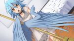  1girl ahoge artist_request bird_legs black_bow black_choker blue_feathers blue_hair blue_wings blush bow broom choker dress feathered_wings feathers game_cg hair_between_eyes harpy holding holding_broom indoors medium_hair monster_girl monster_musume_no_iru_nichijou monster_musume_no_iru_nichijou_online official_alternate_costume official_art open_mouth papi_(monster_musume) scales sidelocks solo white_dress winged_arms wings yellow_eyes 