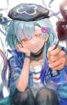  1boy absurdres androgynous arknights bishounen blue_hair blurry blurry_foreground bracelet candy choker food hair_ornament hairpin hand_on_own_face hat highres holding holding_candy holding_food infection_monitor_(arknights) jellyfish jewelry looking_at_viewer male_focus mizuki_(arknights) purple_eyes reaching_out smile solo squatting zhijiaoxingchuangpotiankong 