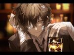  1boy alcohol bandage_over_one_eye bandaged_arm bandages bar black_jacket black_necktie brown_eyes brown_hair bungou_stray_dogs commentary cup dazai_osamu_(bungou_stray_dogs) drinking_glass ice ice_cube indoors jacket liquor looking_at_viewer male_focus necktie nozz177 shirt solo symbol-only_commentary upper_body white_shirt 