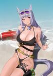 1girl absurdres animal_ears arm_support bangs belt bikini black_bikini blush breasts buckle cleavage closed_mouth corrugatedrush day eyewear_on_head frilled_bikini frills gold_ship_(run_revolt_launcher)_(umamusume) highres horse_ears horse_girl horse_tail large_breasts leaning_back long_hair looking_at_viewer ocean on_ground outdoors pink_eyes purple-tinted_eyewear purple_hair sitting solo starfish sunglasses swimsuit tail thigh_pouch thigh_strap tinted_eyewear umamusume very_long_hair water water_gun yellow-framed_eyewear 