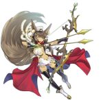  1girl absurdly_long_hair ahoge animal_ear_fluff animal_ears ark_order arrow_(projectile) bangs black_gloves black_thighhighs blue_cape boots bow_(weapon) braid breasts brown_hair cape dark_skin drawing_bow ear_piercing full_body gloves gold_trim green_eyes hair_tubes holding holding_arrow holding_bow_(weapon) holding_weapon jacket jewelry large_breasts long_hair official_art piercing pppppan red_cape red_scarf ring scarf shirt short_sleeves shorts side_braid side_cutout sideboob sidelocks solo tachi-e thighhighs transparent_background twin_braids two-sided_cape two-sided_fabric vali_(ark_order) very_long_hair weapon white_footwear white_jacket white_shirt white_shorts wing_collar 