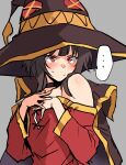  ... 1girl bangs bare_shoulders blush brown_hair closed_mouth commentary_request dress grey_background hands_on_own_chest hat henriiku_(ahemaru) kono_subarashii_sekai_ni_shukufuku_wo! large_hat long_sleeves megumin red_dress red_eyes short_hair_with_long_locks simple_background solo speech_bubble spoken_ellipsis sweatdrop upper_body witch_hat 