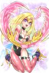  1girl bird_legs blonde_hair blue_eyes breasts center_opening choker claws cleavage commentary_request duel_monster feathered_wings feathers hair_ornament harpie_girl harpy heart heart_bracelet heart_hair_ornament leotard long_hair medium_breasts monster_girl open_mouth paladinintavern pink_feathers pink_wings single_leg_pantyhose solo talons thighhighs twitter_username winged_arms wings yu-gi-oh! 