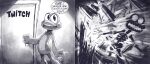  2022 absurd_res amphibian anthro bone comic door english_text explosion frog hi_res humor male mattsstupidart skeleton solo speech_bubble text twitch.tv 
