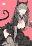  1girl animal_ears black_dress black_footwear breasts cat_ears cat_girl cat_tail character_request cleavage copyright_request dress fingernails grey_eyes haimura_kiyotaka highres large_breasts pink_background simple_background solo tail thighhighs veil white_hair 