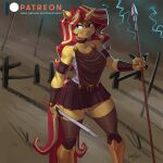  anthro anthrofied breasts cleavage clothed clothing equestria_girls equid equine female hasbro holding_object holding_spear holding_sword holding_weapon horn kevinsano legwear mammal melee_weapon my_little_pony polearm solo spear sunset_shimmer_(eg) sword thigh_highs unicorn weapon 