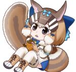  1girl animal_costume animal_ear_fluff animal_ears boots bow bowtie brown_eyes brown_hair chipmunk_costume chipmunk_ears chipmunk_girl chipmunk_tail extra_ears hissaa_(hisser) kemono_friends kemono_friends_v_project kneehighs looking_at_viewer microphone multicolored_hair ribbon scarf shirt short_hair shorts siberian_chipmunk_(kemono_friends) simple_background socks solo tail vest virtual_youtuber white_hair 