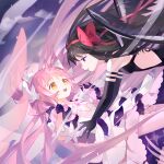  2girls akemi_homura akuma_homura bangs benghuai_xueyuan black_dress black_gloves black_hair bow choker dress elbow_gloves feathered_wings gloves hair_bow hairband highres honkai_(series) kaname_madoka long_hair magical_girl mahou_shoujo_madoka_magica multiple_girls official_art pink_hair pink_wings purple_eyes swept_bangs two_side_up ultimate_madoka very_long_hair white_bow white_choker white_dress white_gloves wings yellow_eyes 