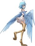  1girl ahoge artist_request bangs bird_legs black_choker blue_hair blue_panties blue_wings blush choker dress feathered_wings feathers game_cg hair_between_eyes harpy looking_at_viewer looking_back monster_girl monster_musume_no_iru_nichijou monster_musume_no_iru_nichijou_online official_alternate_costume official_art panties papi_(monster_musume) scales smile solo standing standing_on_one_leg talons transparent_background underwear upskirt white_dress winged_arms wings yellow_eyes 
