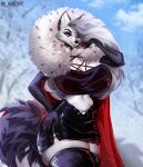  2022 anthro big_breasts blurred_background bottomwear breasts breath canid canid_demon canine cloack clothed clothing colored crop_top demon digital_drawing_(artwork) digital_media_(artwork) ear_piercing eyebrow_slit eyebrows eyeliner eyshadow female fur fur_collar grey_body grey_fur grey_hair grey_pupils hair hair_over_eye hair_over_shoulder hand_on_hip hellhound helluva_boss hi_res legwear long_hair long_sleeve_gloves loona_(helluva_boss) makeup mammal mascara miniskirt one_eye_obstructed piercing pupils red_eyes shaded shirt signature skirt snow solo thick_thighs thigh_highs topwear white_body white_fur wide_hips winter winter_nacht 