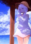  1girl arano_oki arms_behind_back bangs bare_shoulders blue_sky brown_headwear closed_mouth cloud cloudy_sky commentary_request day dress hair_ornament hat horizon long_hair looking_away looking_to_the_side ocean outdoors purple_eyes purple_hair sky sleeveless sleeveless_dress solo standing straw_hat sundress voiceroid water white_dress yuzuki_yukari 