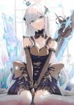  1girl absurdres bangs black_dress bow bowtie breasts cleavage crown dress dress_bow fishnets floating_crown gloves grey_hair highres long_hair meryl_(tower_of_fantasy) mumei_(mumei_7743) parted_lips sitting solo teeth thighs tower_of_fantasy wariza weapon 