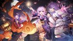  4girls absurdres benghuai_xueyuan blonde_hair character_request fireworks full_moon highres holding_hands honkai_(series) houraiji_kyuushou japanese_clothes kimono moon multiple_girls obi official_art open_mouth purple_eyes purple_hair sash short_kimono sirin sitting smile wide_sleeves yellow_eyes 