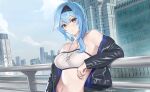  1girl absurdres alternate_costume bandeau bare_shoulders black_hairband black_jacket blue_hair blue_sky breasts cityscape closed_mouth cloud commentary contemporary day eula_(genshin_impact) genshin_impact hairband highres jacket jewelry kyogree leather leather_jacket long_hair looking_at_viewer medium_breasts midriff navel necklace open_clothes open_jacket railing sky solo strapless tube_top upper_body yellow_eyes 