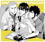  3boys ace_of_diamond amahisa_kousei arm_on_shoulder black_hair booth_seating burger buzz_cut cellphone character_name cup disposable_cup eating egg_(cknlun) food french_fries hood hood_down hooded_jacket jacket looking_at_another male_focus multiple_boys phone sawamura_eijun scar scar_on_cheek scar_on_face shirt short_hair short_sleeves sideburns sitting sweatdrop t-shirt todoroki_raichi tray very_short_hair yellow_background 