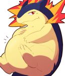  2022 3_toes 4_fingers 96tning anthro belly biped blush bodily_fluids feet fingers generation_2_pokemon kemono nintendo pokemon pokemon_(species) simple_background solo sweat toes typhlosion video_games white_background 