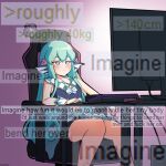  1girl absurdres acefish aqua_hair bare_legs chair english_text feet_out_of_frame finana_ryugu fish_girl gaming_chair head_fins highres imagine_(meme) long_hair meme monitor nijisanji nijisanji_en screen_light sitting solo virtual_youtuber 