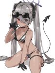  1girl bangs bikini black_bikini black_choker black_gloves black_nails black_ribbon blue_archive blush breasts choker cleavage closed_mouth dark-skinned_female dark_skin deitaku demon_tail eyes_visible_through_hair eyewear_on_head full_body gloves grey_hair hair_over_one_eye hair_ribbon halo iori_(blue_archive) iori_(swimsuit)_(blue_archive) long_hair looking_at_viewer nail_polish red_eyes ribbon sandals simple_background small_breasts solo strap_lift sunglasses swimsuit tail toenail_polish toenails twintails very_long_hair white_background 