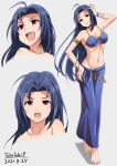  1girl 2021 :d absurdres ahoge arm_up armlet bangs barefoot bikini blue_bikini blue_hair bracelet breasts cleavage closed_mouth collarbone dated full_body grey_background groin hair_between_eyes hair_intakes hand_on_hip hand_on_own_head highres idolmaster idolmaster_(classic) jewelry long_hair looking_at_viewer medium_breasts miura_azusa navel open_mouth red_eyes sarong see-through_silhouette shiny shiny_hair sideboob smile standing swimsuit takatsuki_p very_long_hair 