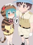  1boy 1girl absurdres bike_shorts bike_shorts_under_shorts blue_hair blush brown_hair captain_(kemono_friends) collared_shirt commentary_request embarrassed gloves green_eyes hand_on_another&#039;s_head hands_in_pockets highres hood hood_up hoodie kemono_friends kemono_friends_3 khakis kumasyan1998 long_sleeves print_hoodie sandals shirt short_hair short_sleeves shorts snake_print snake_tail spoken_squiggle squiggle t-shirt tail tsuchinoko_(kemono_friends) uniform white_gloves 