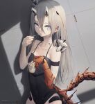  327564857 absurdres against_wall android armband background_text bare_arms bare_shoulders black_camisole black_leotard blonde_hair blue_eyes breasts camisole commentary crab crab_on_head crab_on_shoulder eating food grey_hair headgear highres holding holding_ice_cream holding_spoon horns leaning leotard looking_at_viewer mecha_musume mechanical_arms mechanical_horns mechanical_parts mechanical_tail non-humanoid_robot original pointy_ears robot robot_animal shaded_face shadow single_mechanical_arm small_breasts spoon swimsuit tail utensil_in_mouth wall 
