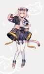  1girl animal_ears arknights black_bow black_hairband black_jacket black_skirt blue_bow bow braid cat_ears cat_girl cat_tail floppy_ears full_body garter_straps goldenglow_(arknights) grey_background hair_bow hairband hands_up high-waist_skirt highres id_card jacket lanyard lightning_bolt_print long_sleeves multicolored_clothes multicolored_jacket open_clothes open_jacket orange_eyes paw_pose pink_footwear pink_hair pink_jacket print_bow print_hairband scissors shinooooo22 shirt shirt_tucked_in shoes simple_background skirt solo standing tail thighhighs two-tone_jacket white_shirt white_thighhighs 