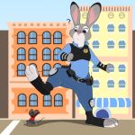  2016 anthro belt bottomwear clothed clothing disney duo ears_up eye_contact female fur judy_hopps knee_pads lagomorph leporid looking_at_another looking_down macro mammal mouse murid murine pants police police_badge police_uniform question_mark rabbit raised_leg rodent running running_away shirt smappa standing topwear uniform wide_eyed zootopia 
