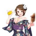  1girl :d alcohol bare_shoulders beer breasts brown_eyes brown_hair cleavage collarbone drooling earrings floral_print flower food hair_flower hair_ornament holding holding_food idol_wars_z japanese_clothes jewelry kimono looking_at_viewer medium_breasts nagato_haruka obi print_kimono sash short_hair smile solo stud_earrings third-party_source transparent_background upper_body wet wide_sleeves 