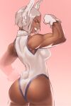  1girl :d animal_ears arm_up ass back bare_shoulders biceps boku_no_hero_academia breasts dark-skinned_female dark_skin flexing from_behind gloves hand_on_hip highleg highleg_leotard highres large_breasts leotard long_eyelashes looking_at_viewer mirko muscular muscular_female pink_background pose rabbit_ears rabbit_girl rabbit_tail red_eyes short_hair sleeveless_turtleneck_leotard smile solo tail tail_through_clothes thighs toned white_gloves white_hair white_leotard zukululuu 