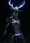 2020 abs absurd_res anthro antlers athletic athletic_anthro athletic_male black_background black_body black_clothing blue_antlers blue_hair blue_horn bulge cervid cierras clothed clothing glowing glowing_antlers glowing_clothing glowing_eyes glowing_hair grin hair harness hi_res horn jockstrap looking_at_viewer male mammal navel nipples pecs short_hair simple_background skimpy smile smiling_at_viewer solo standing underwear 
