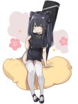  1girl animal_ears bangs black_dress black_footwear black_hair blue_archive breasts cleavage deitaku dress gloves highres long_hair shoes short_sleeves shun_(blue_archive) shun_(small)_(blue_archive) sidelocks sideways_glance simple_background sitting solo thighhighs white_background white_thighhighs 