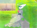  2022 3_fingers bench brown_eyes clothing detailed_background dress elegant_dress female fingers gardevoir generation_3_pokemon green_hair hair hair_over_eye hi_res humanoid nintendo not_furry one_eye_obstructed open_mouth pokemon pokemon_(species) renv signature sitting_on_bench solo video_games 