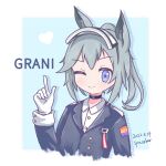  1girl akalinxing_konggejun animal_ears arknights bangs black_choker blue_eyes character_name choker closed_mouth collared_shirt commentary_request dated gloves grani_(arknights) grey_hair hair_between_eyes highres horse_ears long_hair one_eye_closed pointing pointing_up shirt smile solo white_gloves white_shirt 