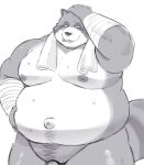  2022 anthro bandage belly big_belly bodily_fluids canid canine genitals hi_res humanoid_hands kemono male mammal moobs navel nipples overweight overweight_male penis raccoon_dog simple_background solo sv_grart sweat tanuki towel towel_around_neck 