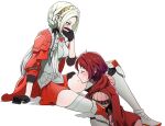  2girls armor black_gloves blush boobplate cape closed_eyes covering_mouth edelgard_von_hresvelg fire_emblem fire_emblem:_three_houses fire_emblem_warriors:_three_hopes gloves greaves hair_ribbon highres kiss kissing_thigh monica_von_ochs multiple_girls nieto_tokage official_alternate_costume official_alternate_hairstyle red_cape red_hair red_skirt ribbon short_hair side_ponytail simple_background skirt thighs tiara white_hair yuri 