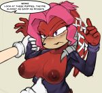  2022 5_fingers absurd_res anthro archie_comics areola big_areola big_breasts big_nipples blush breasts clothed clothing dialogue duo echidna english_text female fingers gloves hair handwear hi_res lien-da mammal monotreme nipples purple_eyes red_body red_hair sega simple_background sin-buttons_(artist) sonic_the_hedgehog_(archie) sonic_the_hedgehog_(comics) sonic_the_hedgehog_(series) text topless topless_anthro topless_female 