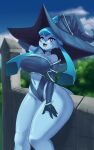 absurd_res anthro anthrofied big_breasts big_butt blue_body blue_eyes breasts butt cleavage clothed clothing eeveelution faejunkie female fur generation_4_pokemon glaceon hat headgear headwear hi_res nintendo open_mouth pokemon pokemon_(species) solo thick_thighs video_games wide_hips witch_hat 