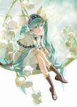  1girl ainu_clothes aqua_eyes aqua_hair berry blue_hairband boots capelet commentary dress expressionless floral_background flower fur-trimmed_boots fur_trim gold_trim hair_flower hair_ornament hairband hand_on_own_chin hatsune_miku head_rest highres holding koropokkuru leaf lily_of_the_valley rowan sitting snowflake_print solo twintails twitter_username vocaloid white_capelet white_dress white_flower wnmuwnmu yuki_miku yuki_miku_(2015) 