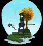  &lt;3 &lt;3_eyes anthro black_clothing blush brown_clothing clothing cloud elemental_creature elemental_humanoid eyelashes female flora_fauna floran freckles grass green_body green_hair grey_clothing hair hi_res holding_object holding_spear holding_weapon humanoid melee_weapon planet plant plant_humanoid polearm sky smile solo spear squablodecomplash starbound tree video_games water weapon yellow_clothing 