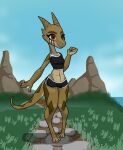  anthro black_clothing blush breasts brown_body brown_eyes brown_scales brown_tail clothing eyelashes female grass head_markings hi_res kobold markings multicolored_body multicolored_clothing multicolored_scales navel path paws plant rock scales scalie smile solo sportwear squablodecomplash tail_markings two_tone_body two_tone_clothing two_tone_scales two_tone_tail water white_clothing wiggles_(squablodecomplash) 