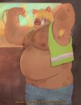  2022 anthro belly big_belly bodily_fluids bottomwear clothing construction_worker detailed_background domestic_pig english_text genitals hair hair_over_eyes hi_res humanoid_hands male mammal meme moobs musk nipples overweight overweight_male pants penis sato_afroleone solo suid suina sus_(pig) sweat text 